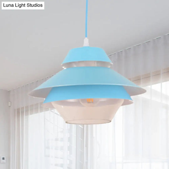 Stylish Macaron Pendant Light In Blue/Green For Living Room - 1 Metallic Hanging Ceiling Lamp Blue