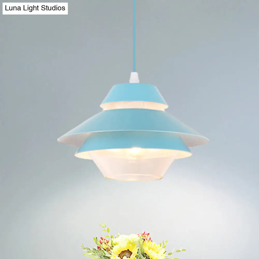 Stylish Macaron Pendant Light In Blue/Green For Living Room - 1 Metallic Hanging Ceiling Lamp