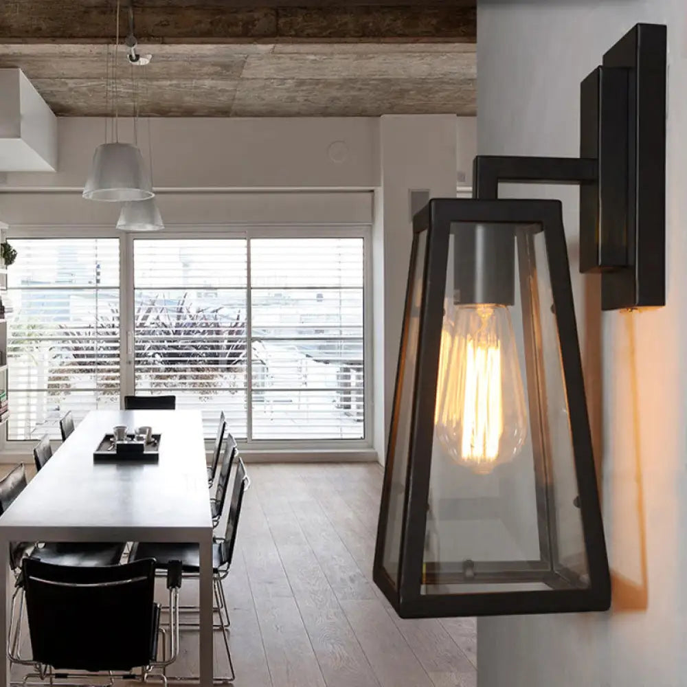 Stylish Matte Black Trapezoid Cage Wall Lamp For Living Room Industrial Metallic Mount Light