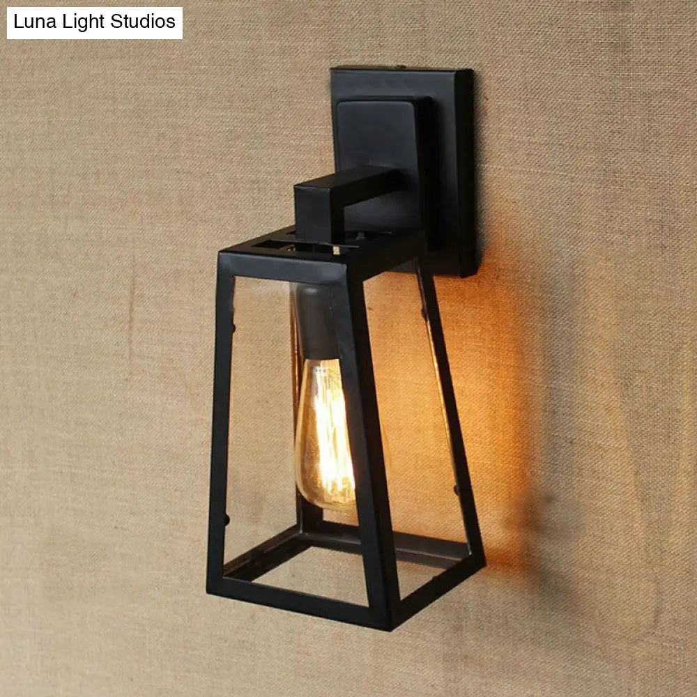 Stylish Matte Black Trapezoid Cage Wall Lamp For Living Room Industrial Metallic Mount Light