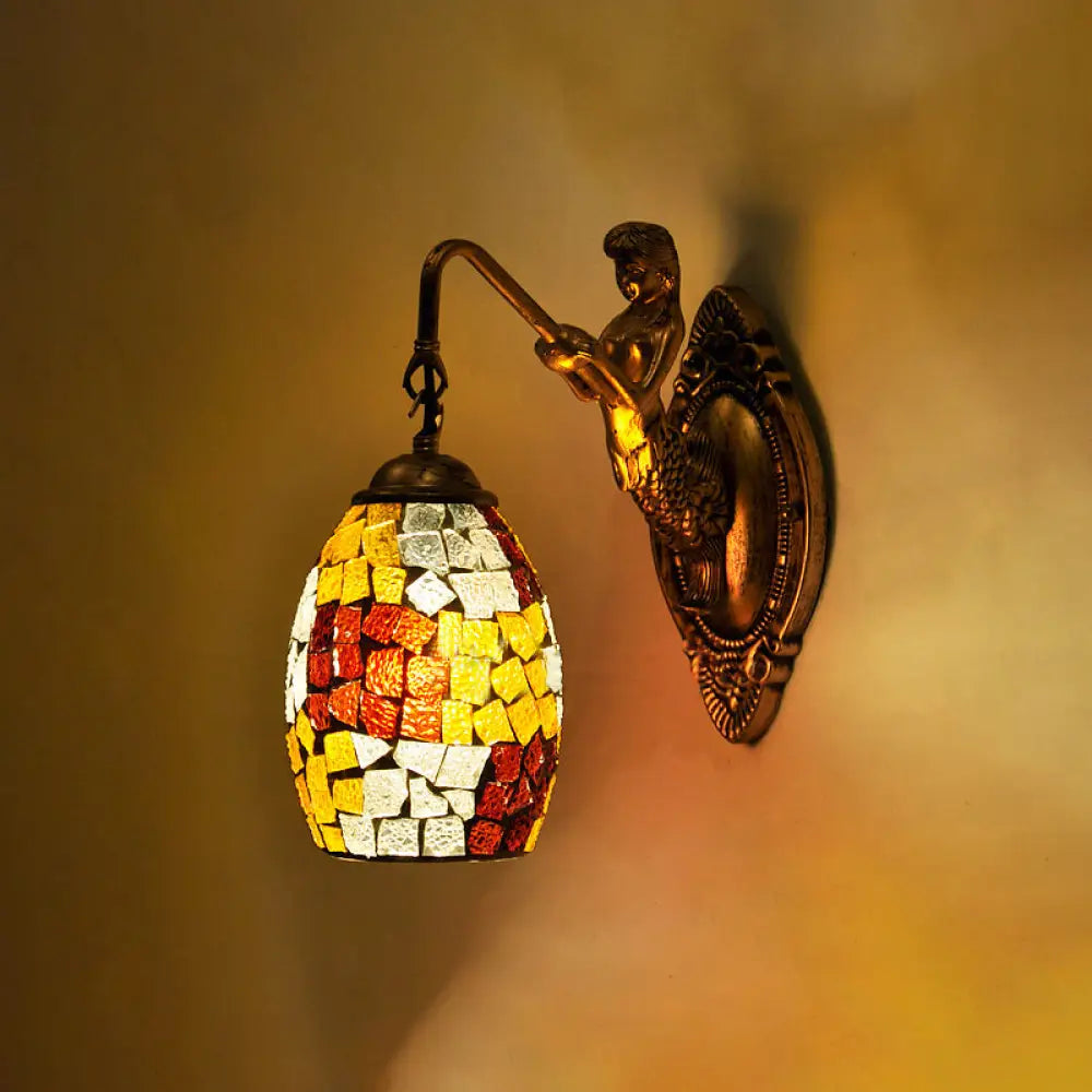 Stylish Mediterranean Dome Vanity Lamp With Stained Glass In Silver/Red/Yellow - Perfect For