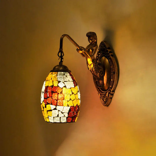 Stylish Mediterranean Dome Vanity Lamp With Stained Glass In Silver/Red/Yellow - Perfect For