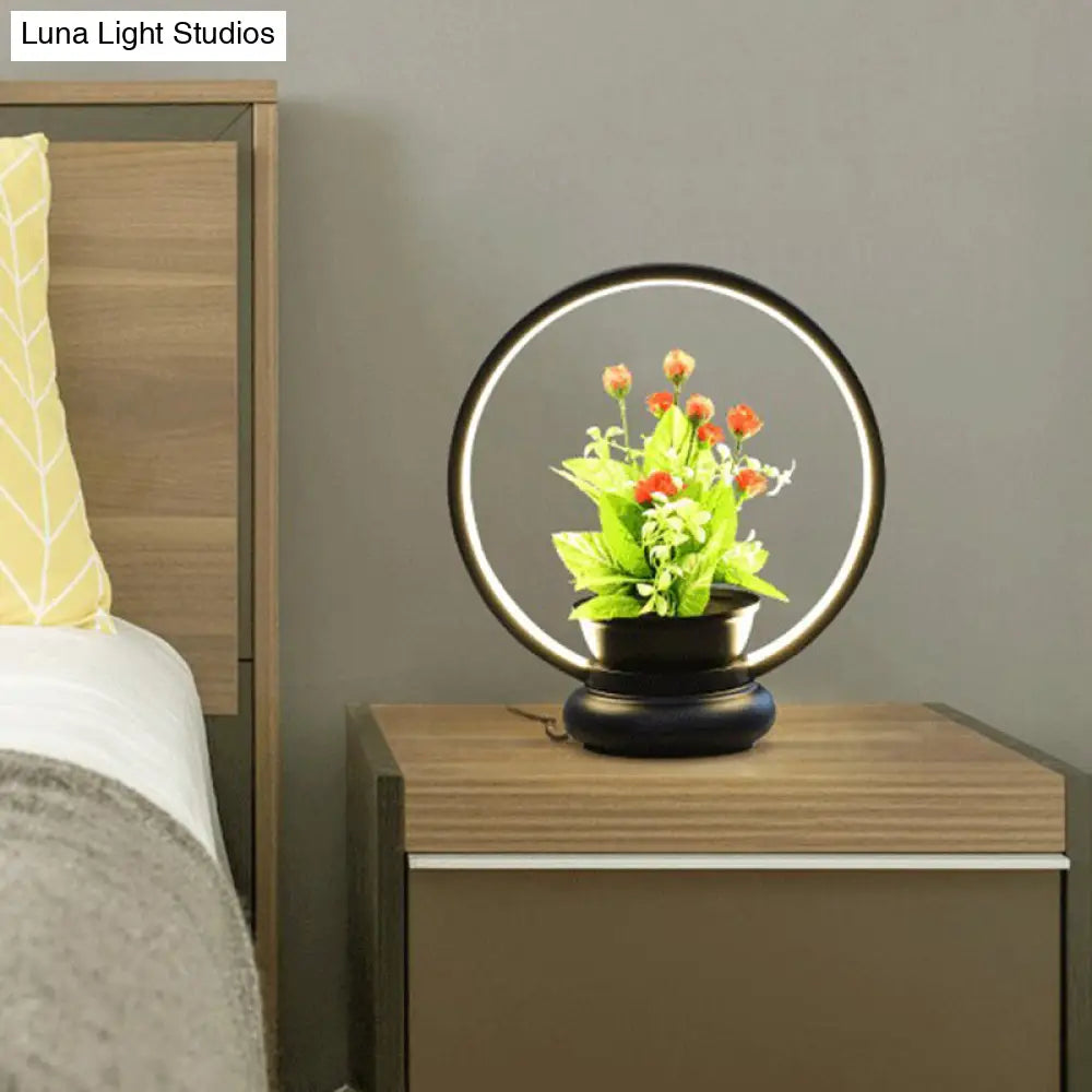 Stylish Metal Led Night Lamp With Plant Decoration - Round/Square Shape Warm/White Light For Bedroom