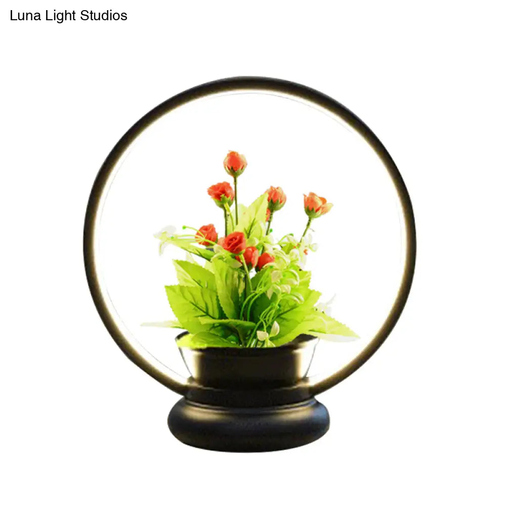 Stylish Metal Led Night Lamp With Plant Decoration - Round/Square Shape Warm/White Light For Bedroom