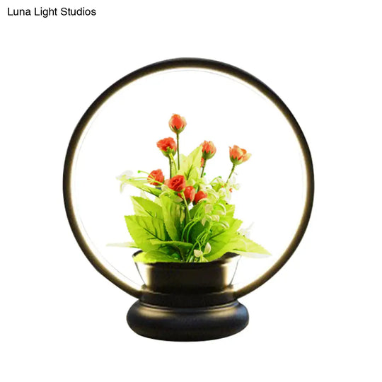 Stylish Metal Led Night Lamp With Plant Decoration - Round/Square Shape Warm/White Light For Bedroom