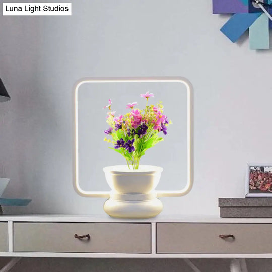 Stylish Metal Led Night Lamp With Plant Decoration - Round/Square Shape Warm/White Light For Bedroom