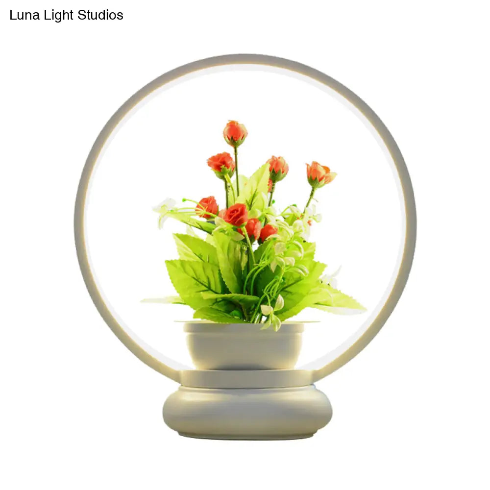 Stylish Metal Led Night Lamp With Plant Decoration - Round/Square Shape Warm/White Light For Bedroom