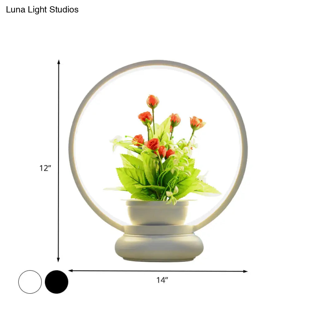 Stylish Metal Led Night Lamp With Plant Decoration - Round/Square Shape Warm/White Light For Bedroom