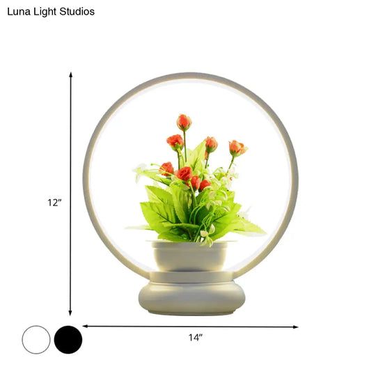 Stylish Metal Led Night Lamp With Plant Decoration - Round/Square Shape Warm/White Light For Bedroom