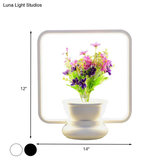 Stylish Metal Led Night Lamp With Plant Decoration - Round/Square Shape Warm/White Light For Bedroom