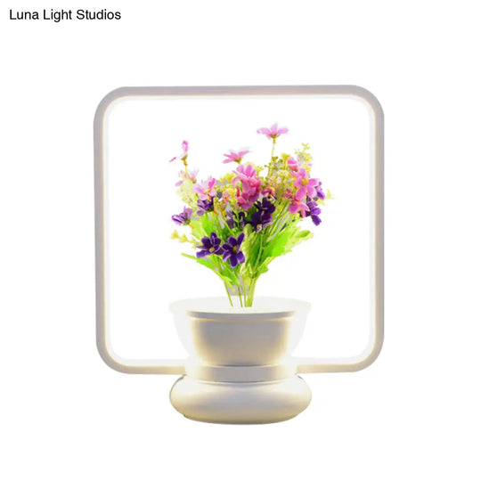 Stylish Metal Led Night Lamp With Plant Decoration - Round/Square Shape Warm/White Light For Bedroom