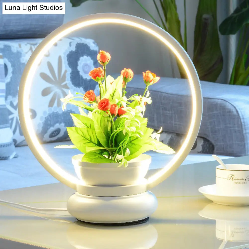 Stylish Metal Led Night Lamp With Plant Decoration - Round/Square Shape Warm/White Light For Bedroom