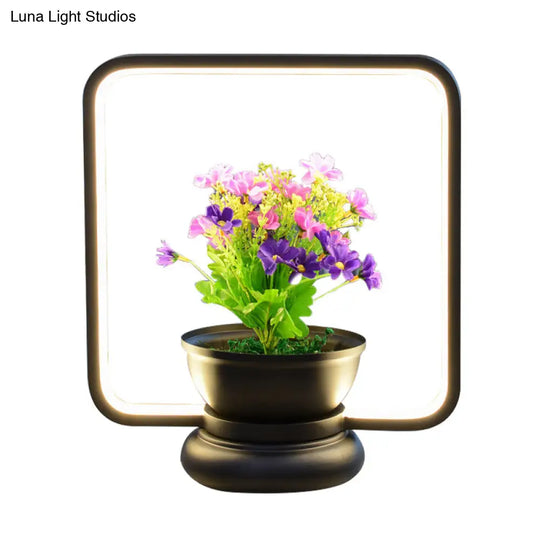 Stylish Metal Led Night Lamp With Plant Decoration - Round/Square Shape Warm/White Light For Bedroom