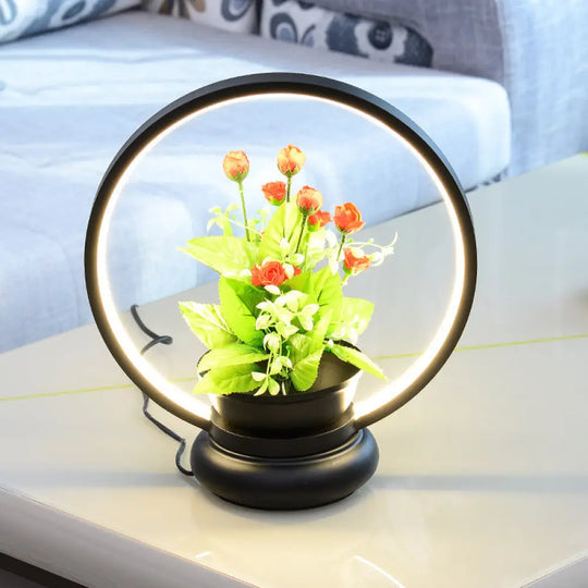 Stylish Metal Led Night Lamp With Plant Decoration - Round/Square Shape Warm/White Light For Bedroom