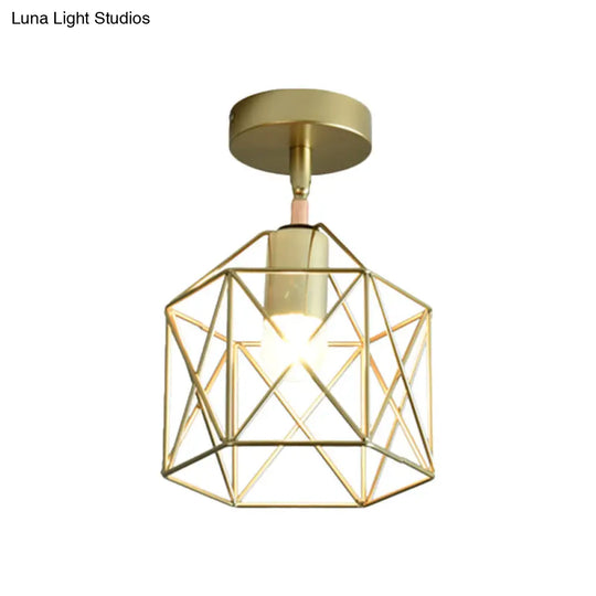 Stylish Metal Semi-Mount Ceiling Fixture With Brass Finish - 1 Bulb Bedroom Lighting In