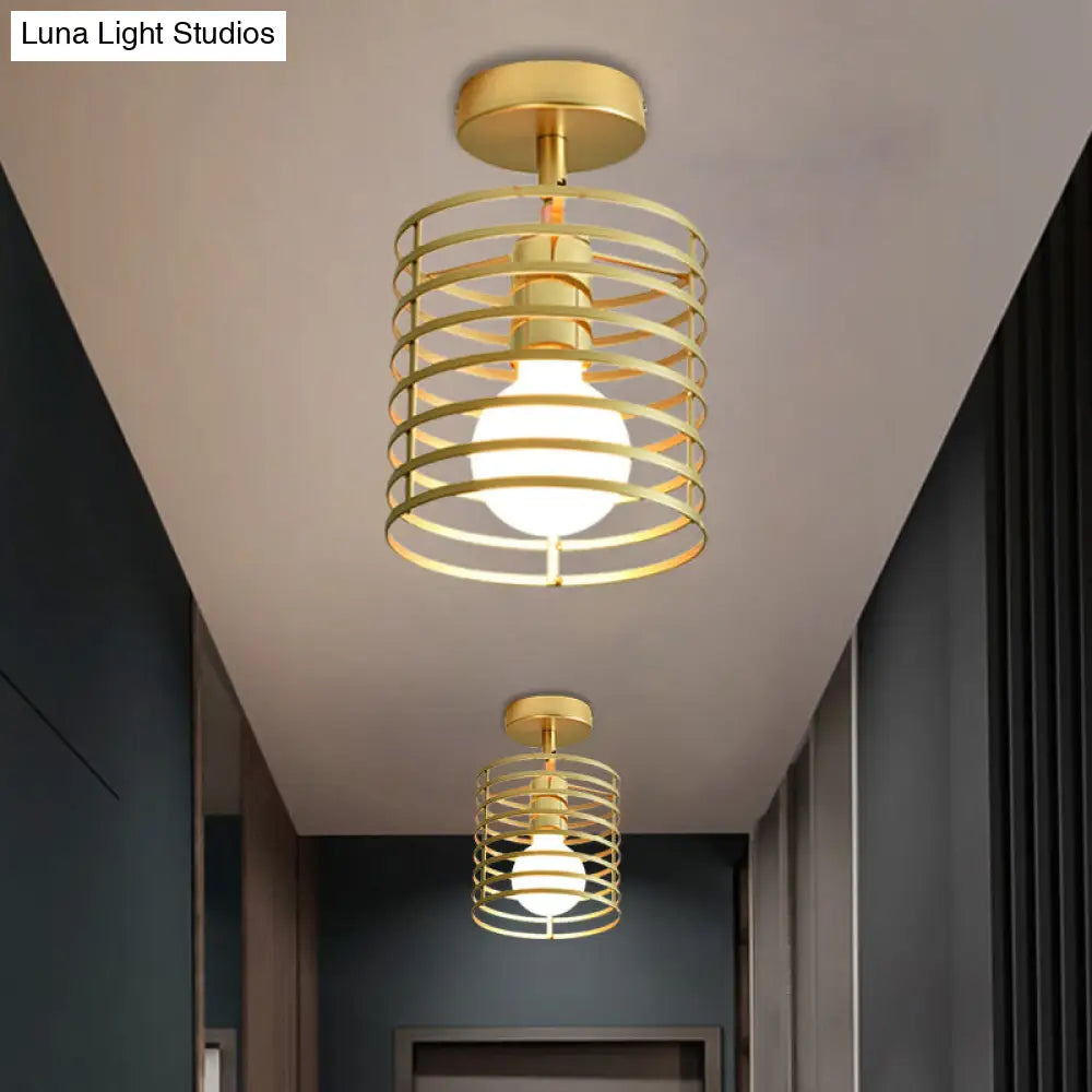 Stylish Metal Semi-Mount Ceiling Fixture With Brass Finish - 1 Bulb Bedroom Lighting In