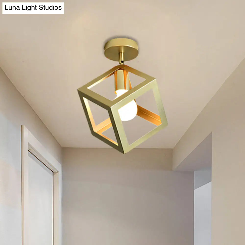 Stylish Metal Semi-Mount Ceiling Fixture With Brass Finish - 1 Bulb Bedroom Lighting In