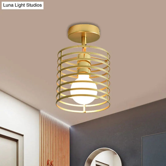 Stylish Metal Semi - Mount Ceiling Fixture With Brass Finish - 1 Bulb Bedroom Lighting In