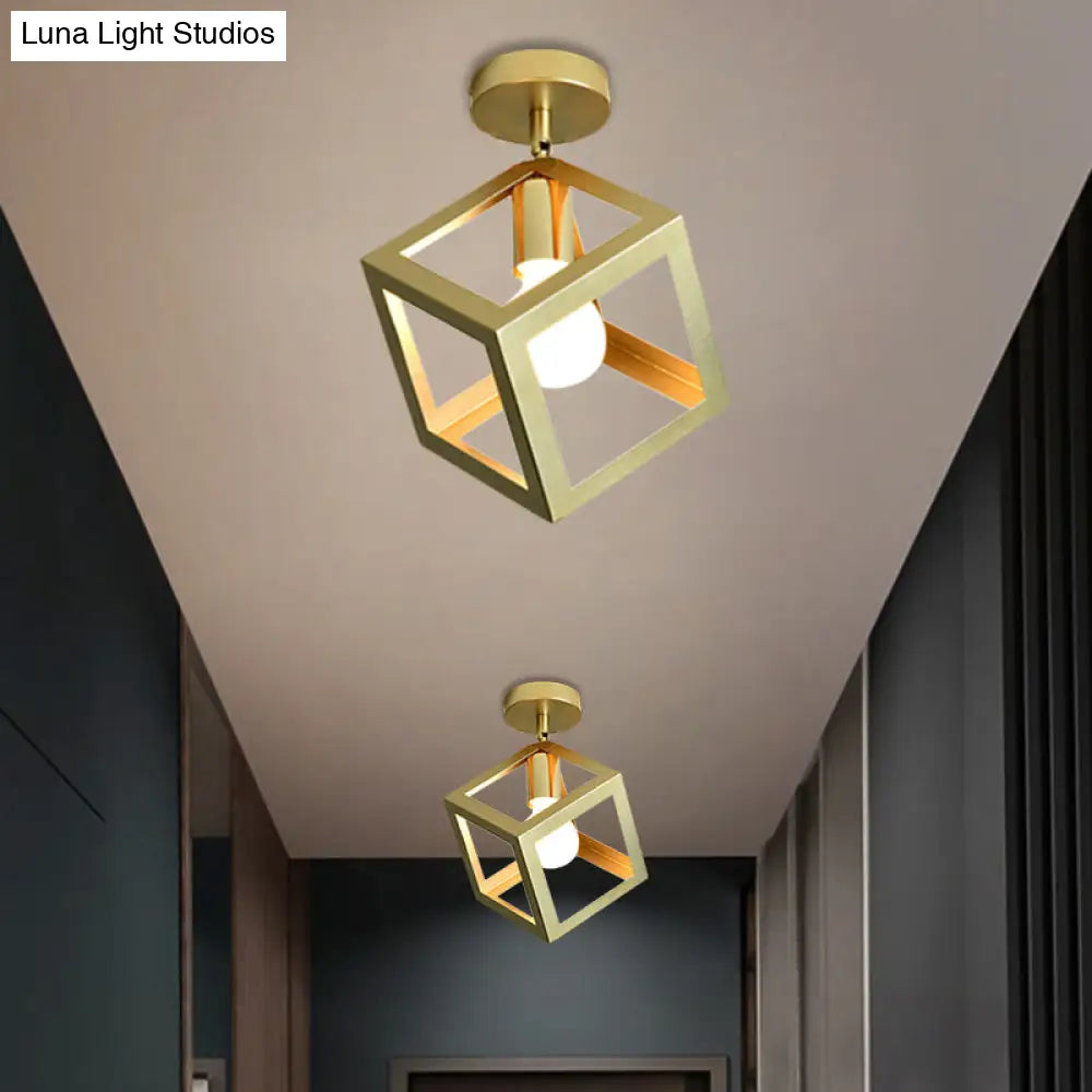 Stylish Metal Semi-Mount Ceiling Fixture With Brass Finish - 1 Bulb Bedroom Lighting In