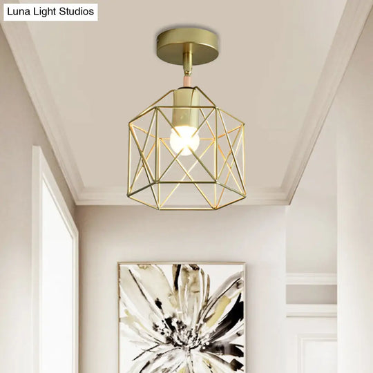 Stylish Metal Semi-Mount Ceiling Fixture With Brass Finish - 1 Bulb Bedroom Lighting In