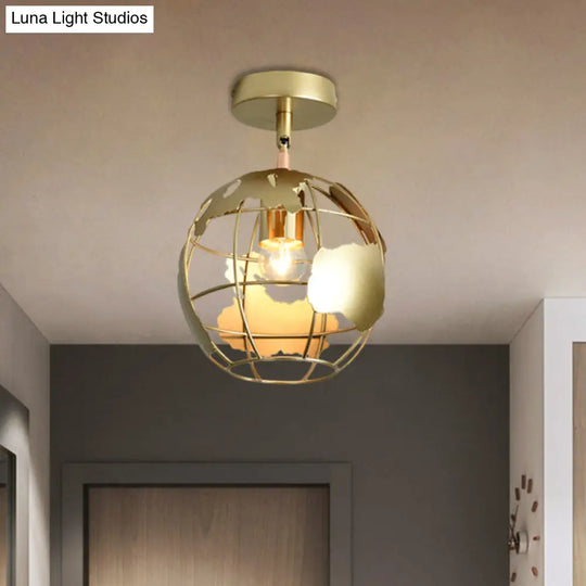 Stylish Metal Semi - Mount Ceiling Fixture With Brass Finish - 1 Bulb Bedroom Lighting In