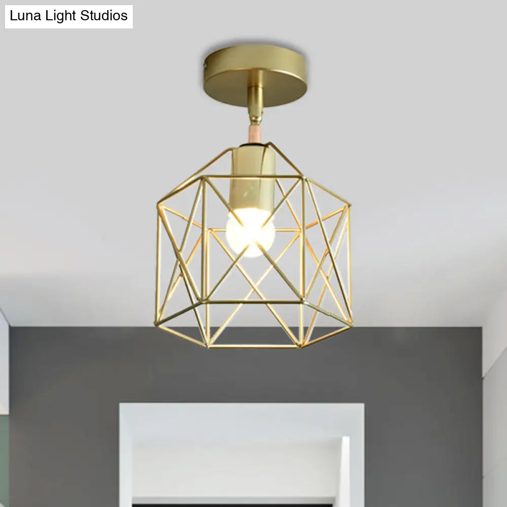 Stylish Metal Semi - Mount Ceiling Fixture With Brass Finish - 1 Bulb Bedroom Lighting In