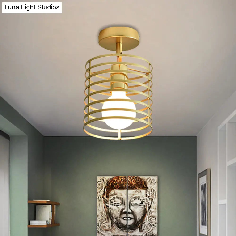 Stylish Metal Semi - Mount Ceiling Fixture With Brass Finish - 1 Bulb Bedroom Lighting In