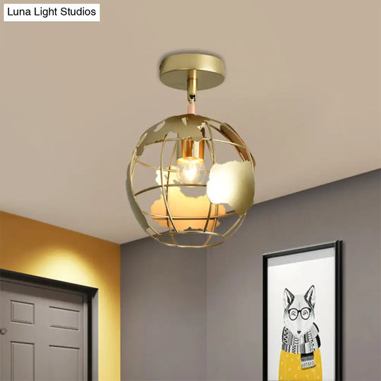 Stylish Metal Semi-Mount Ceiling Fixture With Brass Finish - 1 Bulb Bedroom Lighting In