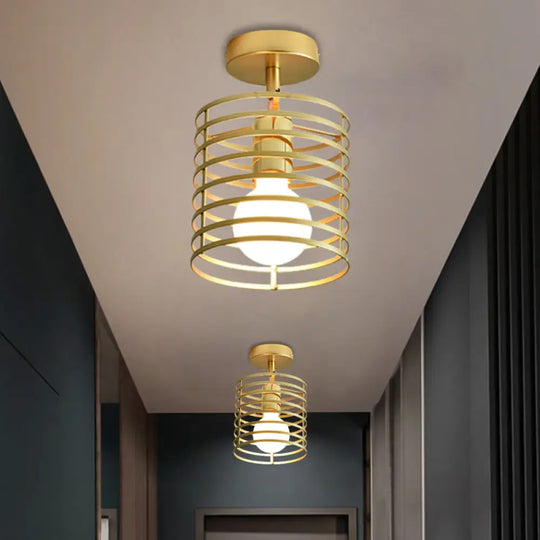 Stylish Metal Semi - Mount Ceiling Fixture With Brass Finish - 1 Bulb Bedroom Lighting In