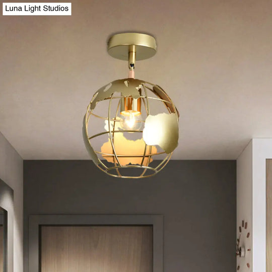 Stylish Metal Semi-Mount Ceiling Fixture With Brass Finish - 1 Bulb Bedroom Lighting In