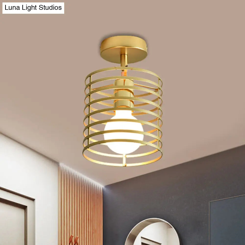 Stylish Metal Semi-Mount Ceiling Fixture With Brass Finish - 1 Bulb Bedroom Lighting In