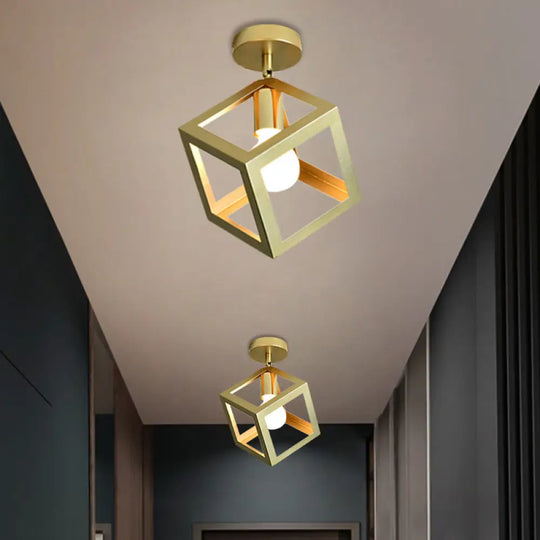 Stylish Metal Semi - Mount Ceiling Fixture With Brass Finish - 1 Bulb Bedroom Lighting In