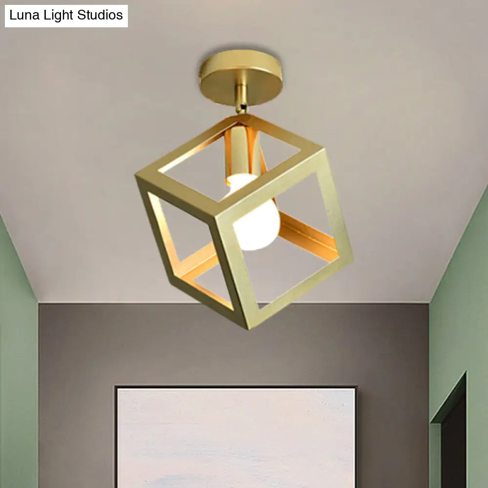 Stylish Metal Semi-Mount Ceiling Fixture With Brass Finish - 1 Bulb Bedroom Lighting In