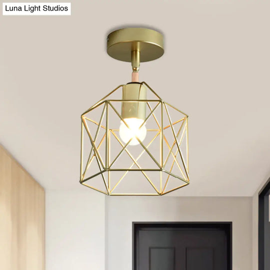 Stylish Metal Semi - Mount Ceiling Fixture With Brass Finish - 1 Bulb Bedroom Lighting In