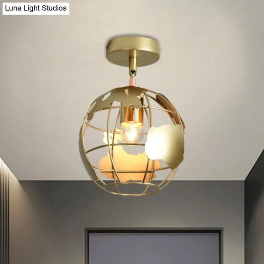 Stylish Metal Semi-Mount Ceiling Fixture With Brass Finish - 1 Bulb Bedroom Lighting In