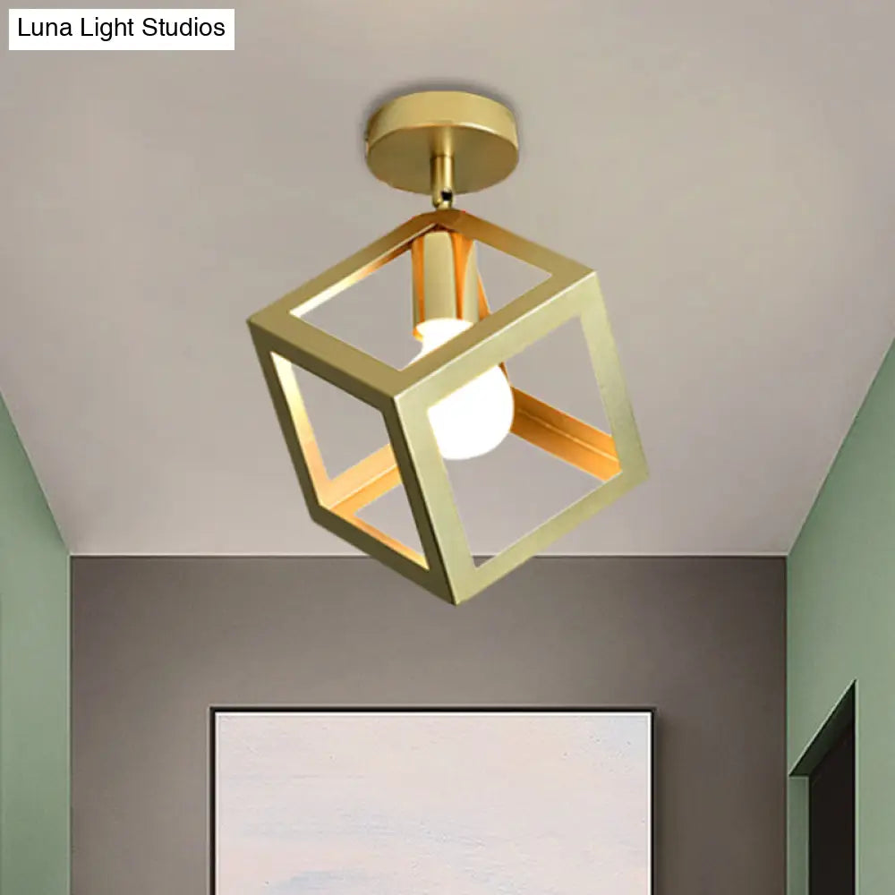 Stylish Metal Semi - Mount Ceiling Fixture With Brass Finish - 1 Bulb Bedroom Lighting In