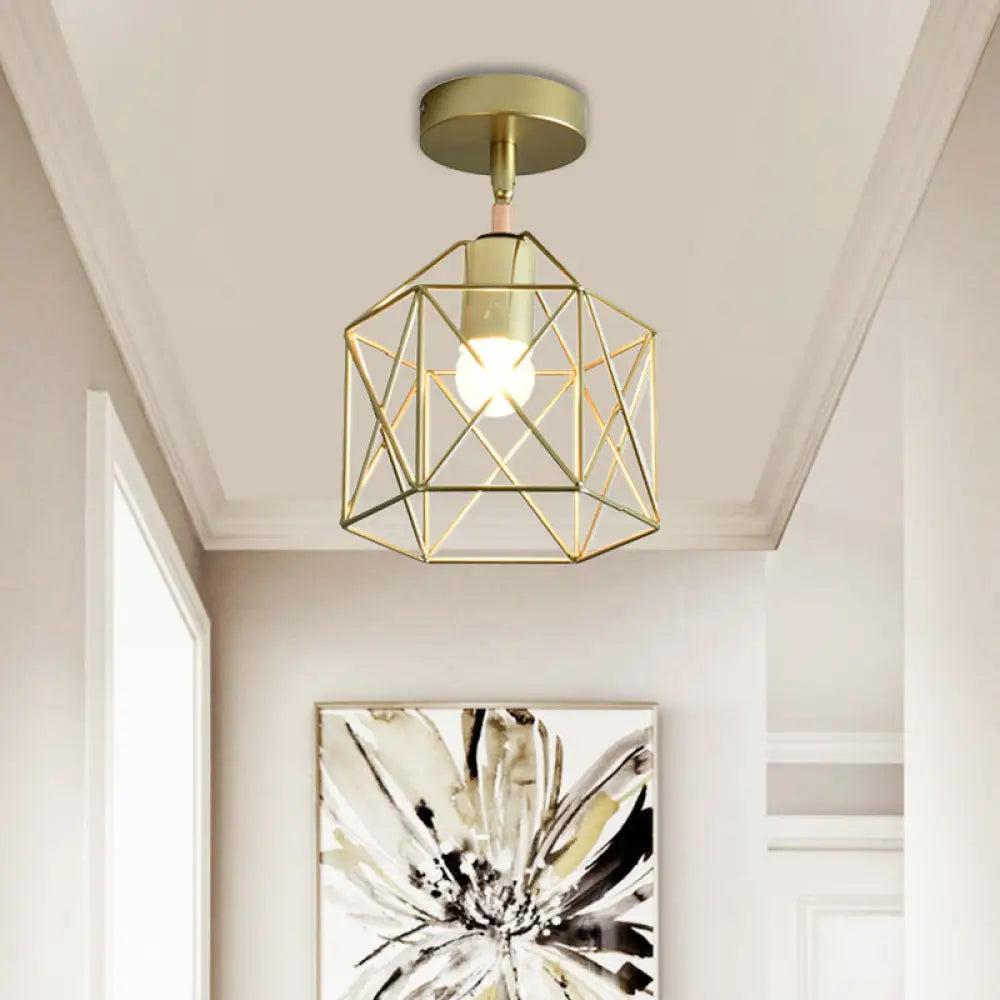 Stylish Metal Semi - Mount Ceiling Fixture With Brass Finish - 1 Bulb Bedroom Lighting In