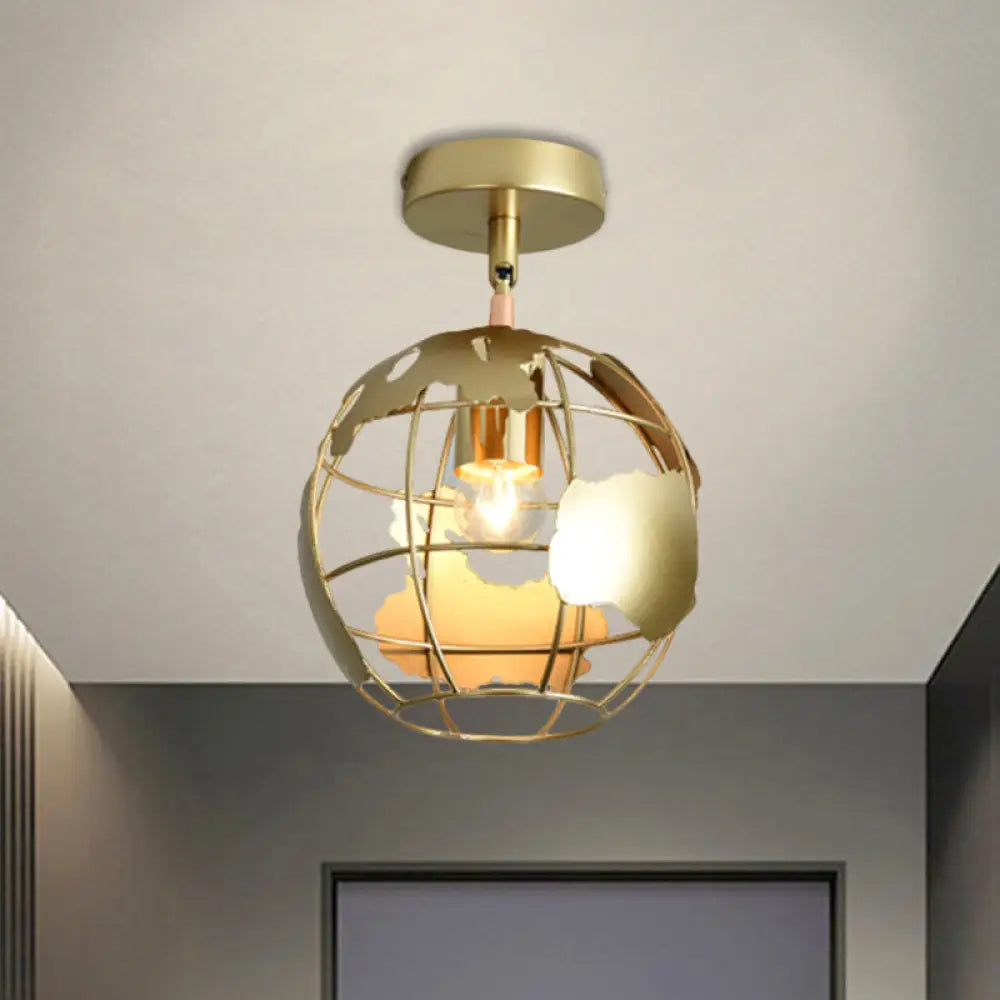 Stylish Metal Semi - Mount Ceiling Fixture With Brass Finish - 1 Bulb Bedroom Lighting In