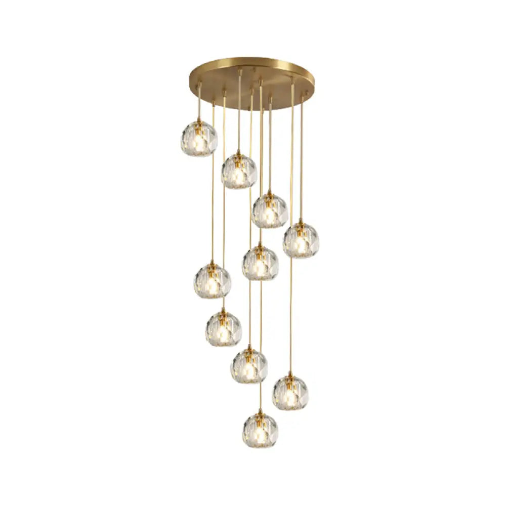 Stylish Modern Brass Ceiling Hang Light With Faceted K9 Crystal Cluster Ball Pendant For Living