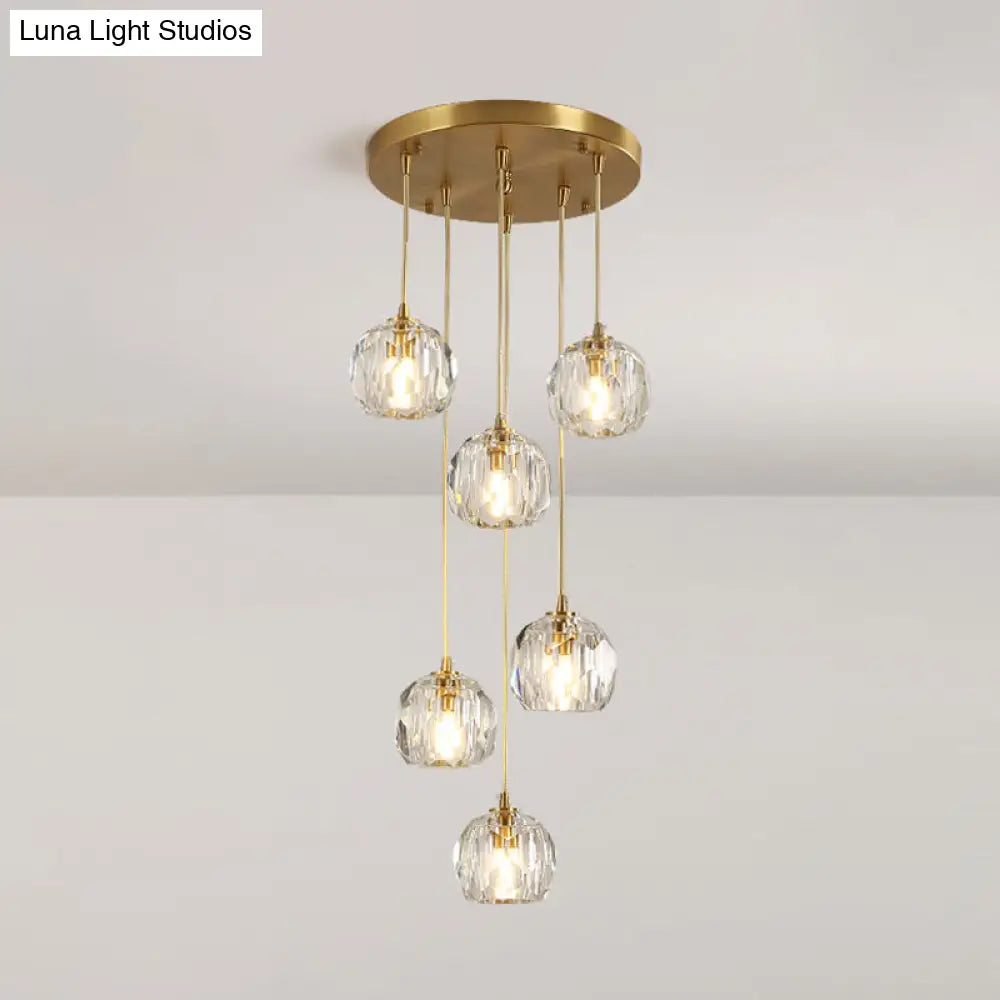 Stylish Modern Brass Ceiling Hang Light With Faceted K9 Crystal Cluster Ball Pendant For Living Room