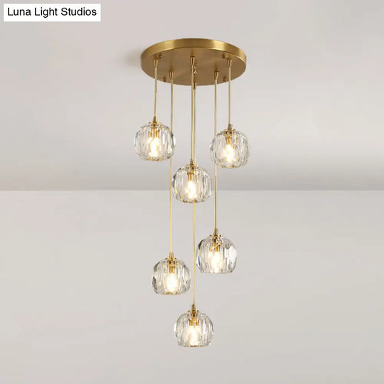 Stylish Modern Brass Ceiling Hang Light With Faceted K9 Crystal Cluster Ball Pendant For Living Room