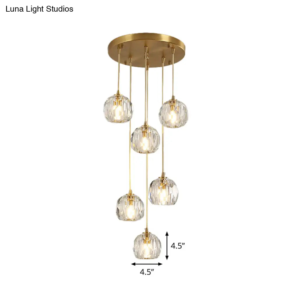 Stylish Modern Brass Ceiling Hang Light With Faceted K9 Crystal Cluster Ball Pendant For Living Room