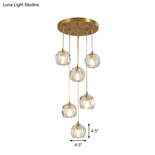 Stylish Modern Brass Ceiling Hang Light With Faceted K9 Crystal Cluster Ball Pendant For Living Room