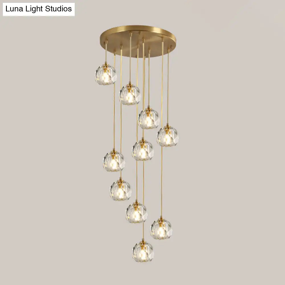 Stunning K9 Crystal Cluster Ball Pendant - Modern 3/6/10-Bulb Brass Ceiling Hang Light For Living