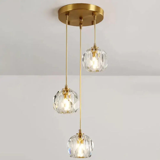 Stylish Modern Brass Ceiling Hang Light With Faceted K9 Crystal Cluster Ball Pendant For Living