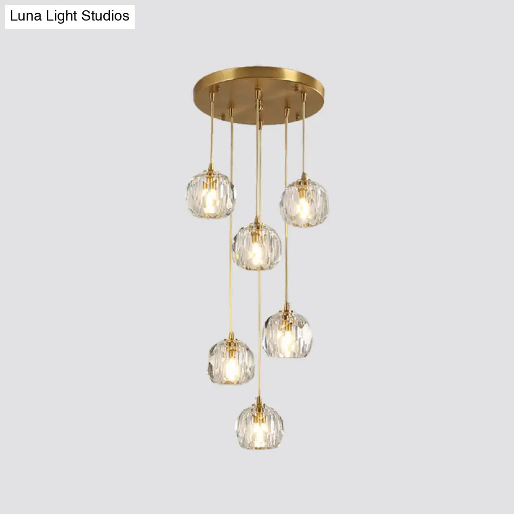 Stylish Modern Brass Ceiling Hang Light With Faceted K9 Crystal Cluster Ball Pendant For Living Room