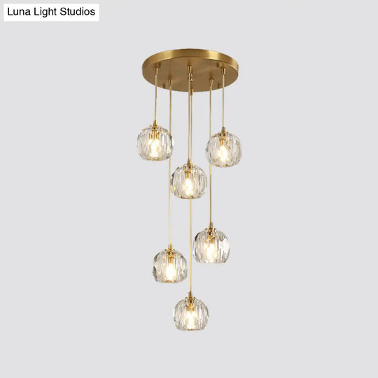 Stylish Modern Brass Ceiling Hang Light With Faceted K9 Crystal Cluster Ball Pendant For Living Room