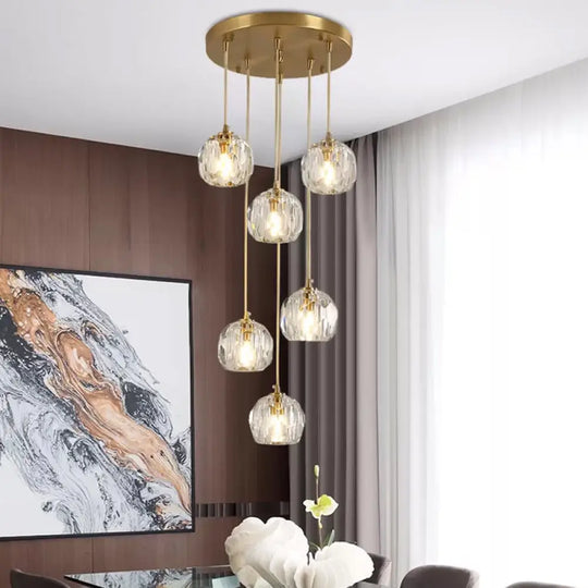 Stylish Modern Brass Ceiling Hang Light With Faceted K9 Crystal Cluster Ball Pendant For Living