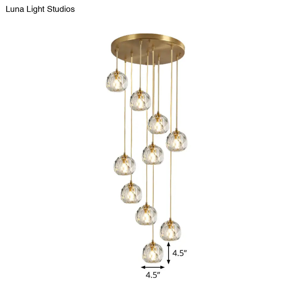 Stylish Modern Brass Ceiling Hang Light With Faceted K9 Crystal Cluster Ball Pendant For Living Room