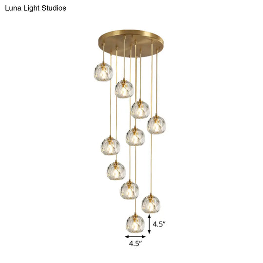 Stylish Modern Brass Ceiling Hang Light With Faceted K9 Crystal Cluster Ball Pendant For Living Room